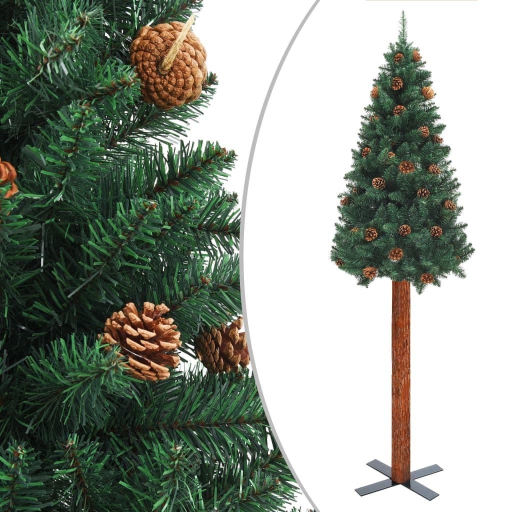 Smalt juletræ med ægte træ og grankogler 180 cm PVC grøn