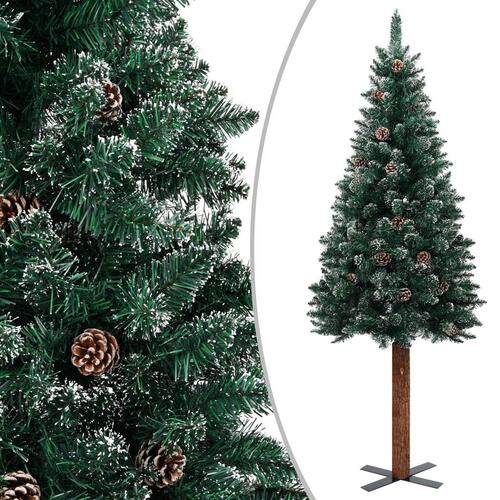 Smalt juletræ med ægte træ og hvid sne 210 cm PVC grøn