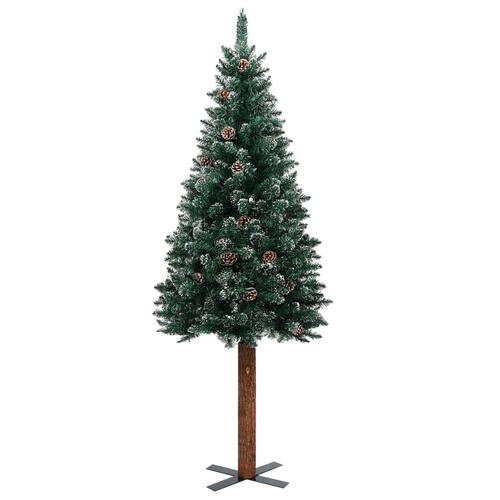 Smalt juletræ med ægte træ og hvid sne 210 cm PVC grøn