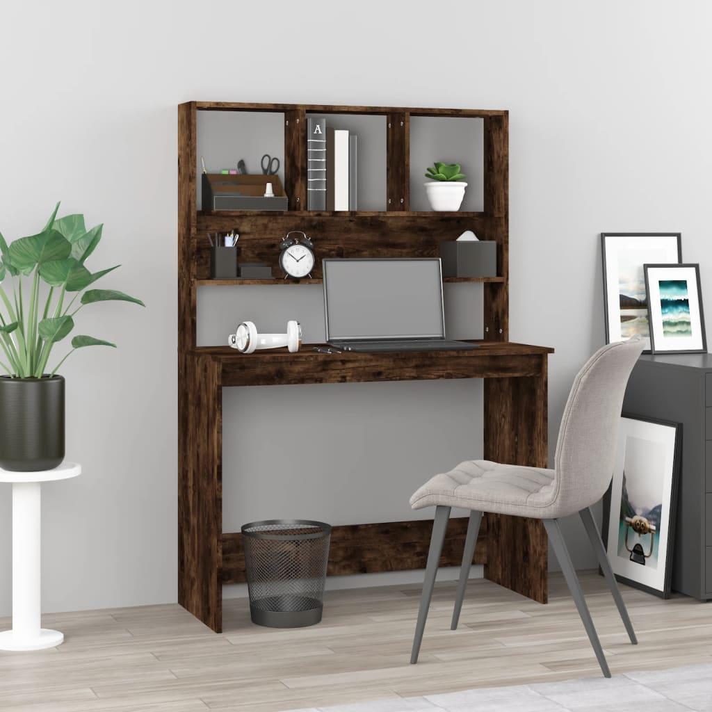 Skrivebord m. hylder 102x45x148 cm konstrueret træ røget egetræ