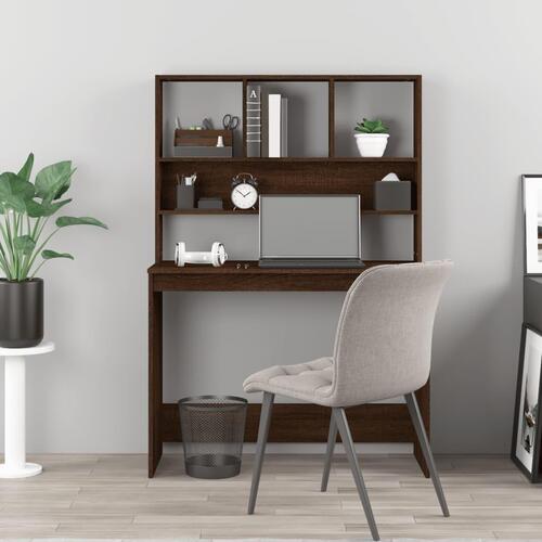 Skrivebord m. hylder 102x45x148 cm konstrueret træ brun egetræ