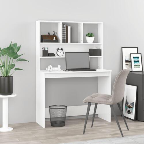 Skrivebord m. hylde 102x45x148 cm konstrueret træ hvid højglans