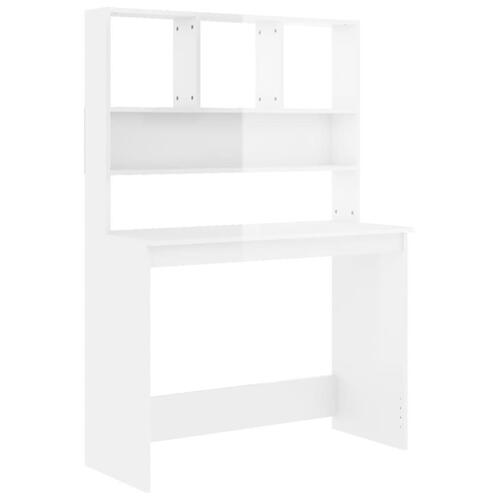 Skrivebord m. hylde 102x45x148 cm konstrueret træ hvid højglans