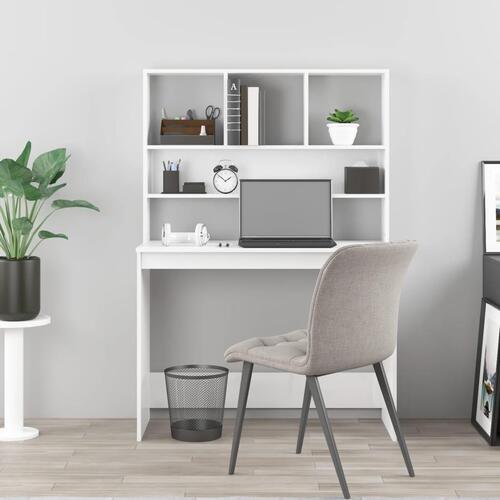 Skrivebord m. hylde 102x45x148 cm konstrueret træ hvid højglans