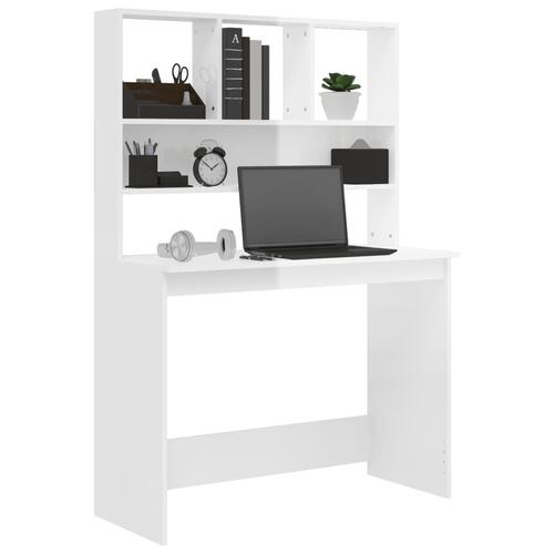 Skrivebord m. hylde 102x45x148 cm konstrueret træ hvid højglans