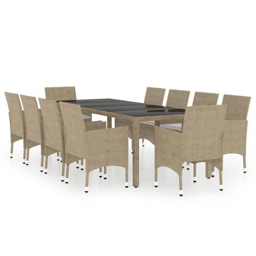 Spisebordssæt til haven 11 dele polyrattan beige