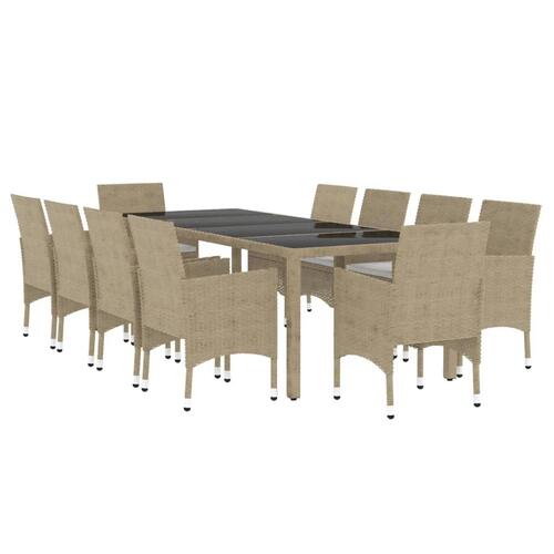 Spisebordssæt til haven 11 dele polyrattan beige