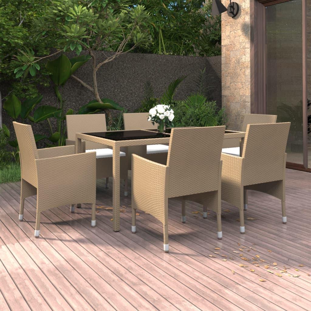 Spisebordssæt til haven 7 dele polyrattan og hærdet glas beige