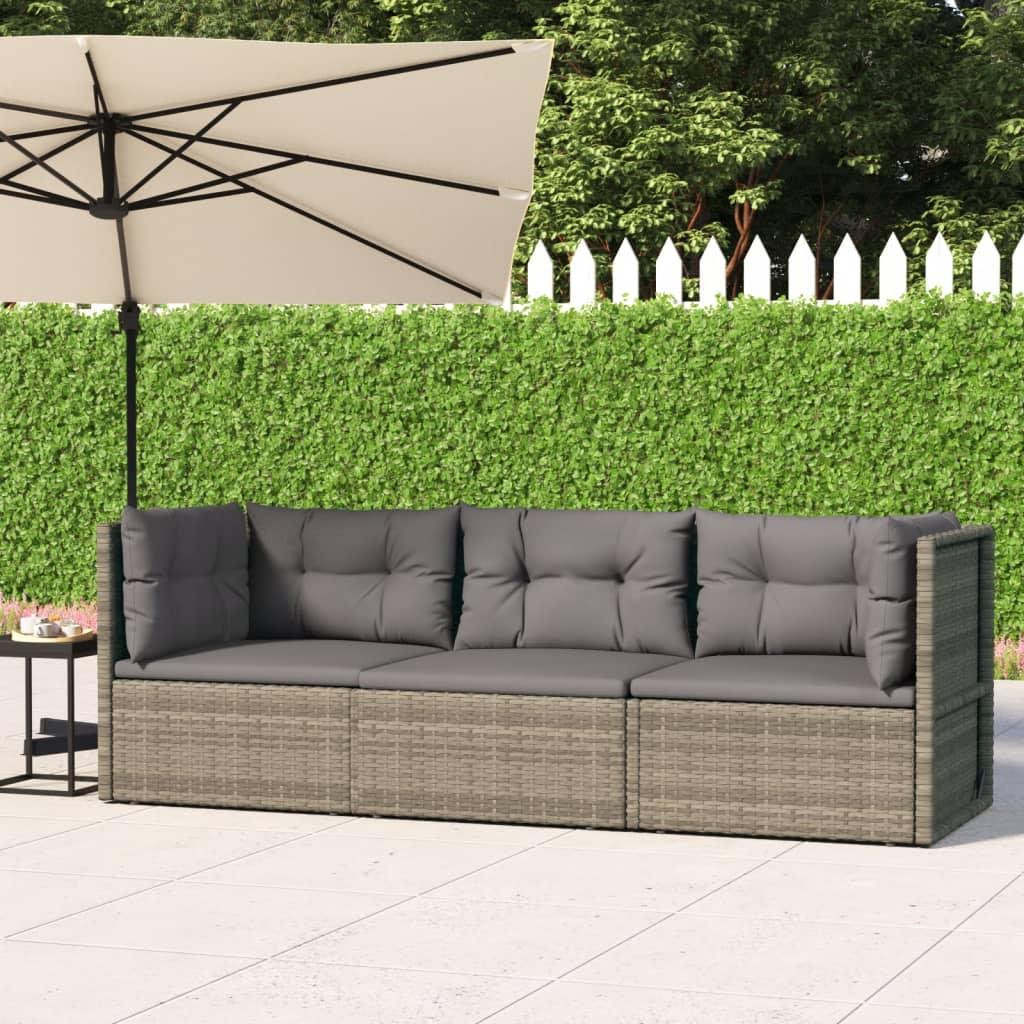 Loungesæt til haven 3 dele med hynder polyrattan grå