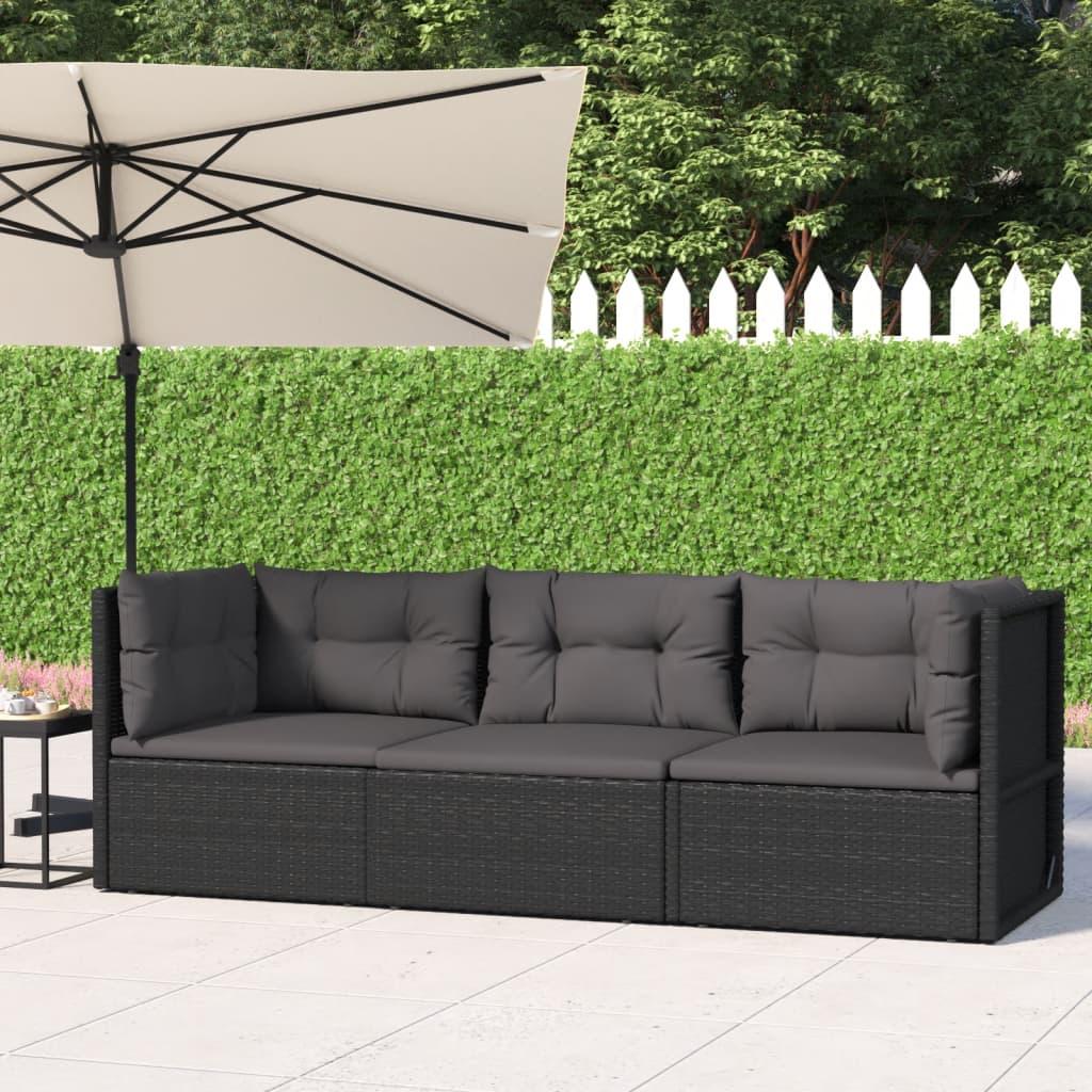 Loungesæt til haven 3 dele med hynder polyrattan sort