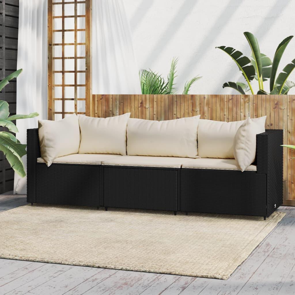 Loungesæt til haven 3 dele med hynder polyrattan sort