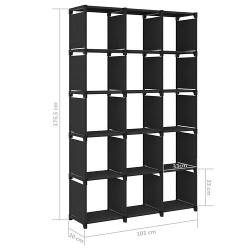 Reol med 15 rum 103x30x175,5 cm stof sort