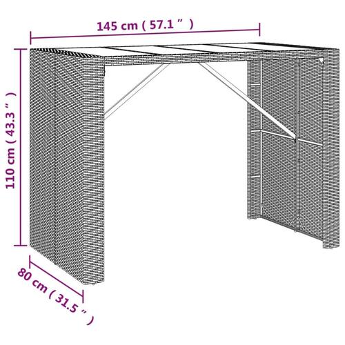Barbord med glasplade 145x80x110 cm polyrattan sort