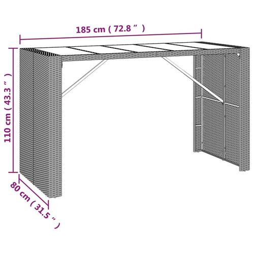 Barbord med glasplade 185x80x110 cm polyrattan grå
