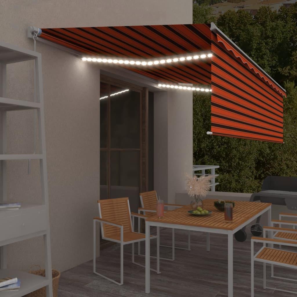 Markise m. gardin + LED 5x3 m manuel betjening orange og brun