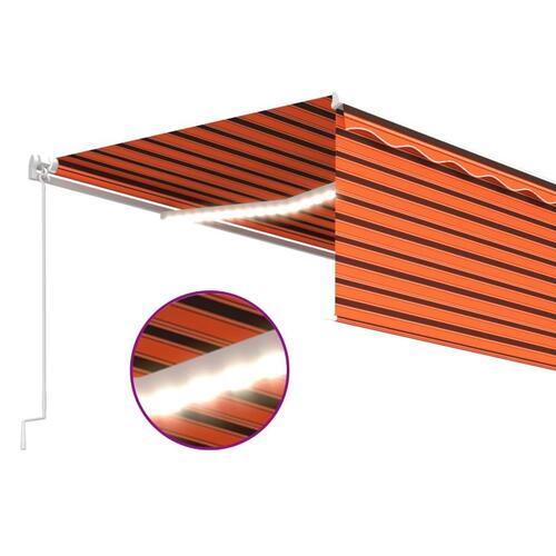 Markise m. gardin + LED 5x3 m manuel betjening orange og brun