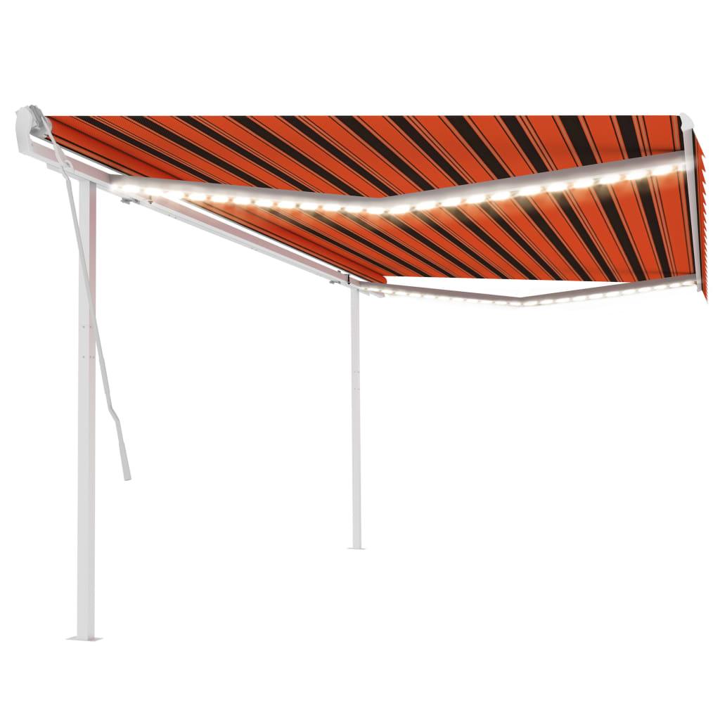 Markise med LED-lys 5x3,5 m manuel betjening orange og brun