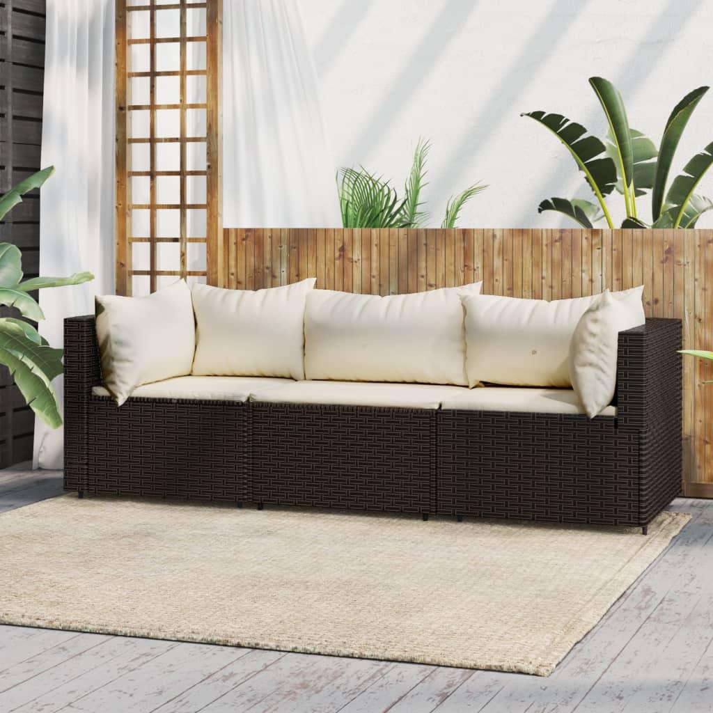 Loungesæt til haven 3 dele med hynder polyrattan brun