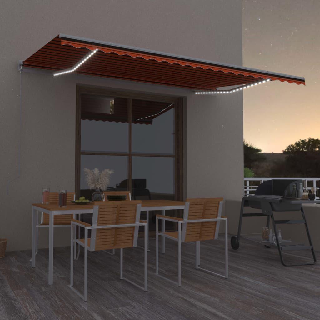 Markise m. LED-lys 500x350 cm manuel betjening orange og brun