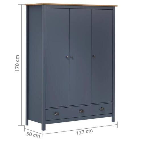 Klædeskab med 3 låger Hill 127x50x170 cm massivt fyrretræ grå