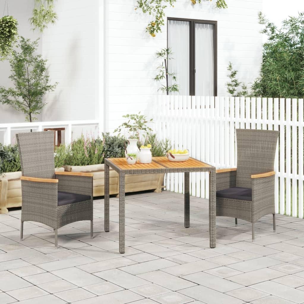 Spisebordssæt til haven 3 dele med hynder polyrattan grå