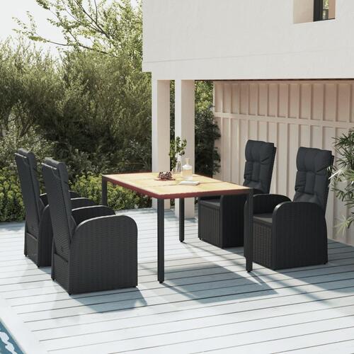 Spisebordssæt til haven 5 dele med hynder polyrattan sort