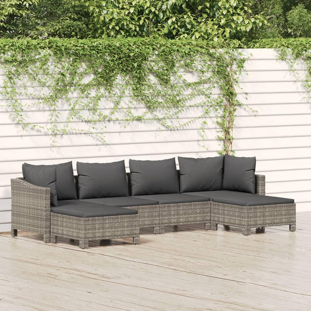 Loungesæt til haven 6 dele med hynder polyrattan grå