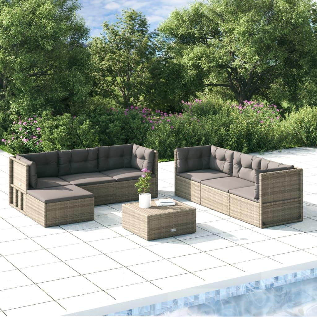 Loungesæt til haven 7 dele med hynder polyrattan grå