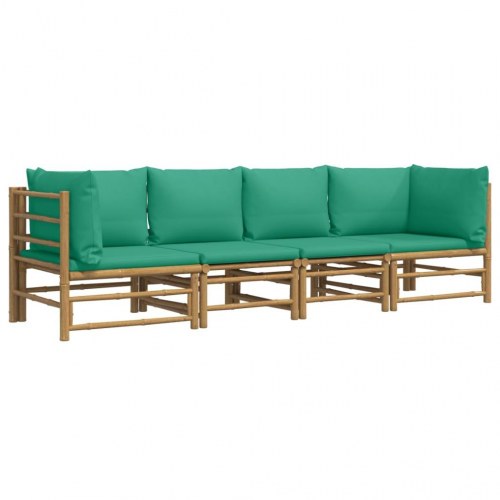Loungesæt i bambus - 4 dele med grønne hynder til have og terrasse