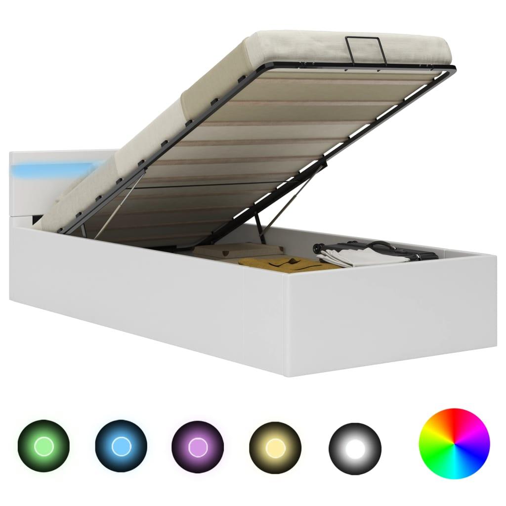 Hydraulisk opbevaringsseng med LED 100x200 cm kunstlæder hvid
