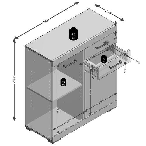 kommode med 2 låger og 2 skuffer 80 x 34,9 x 89,9 cm egetræsfarve