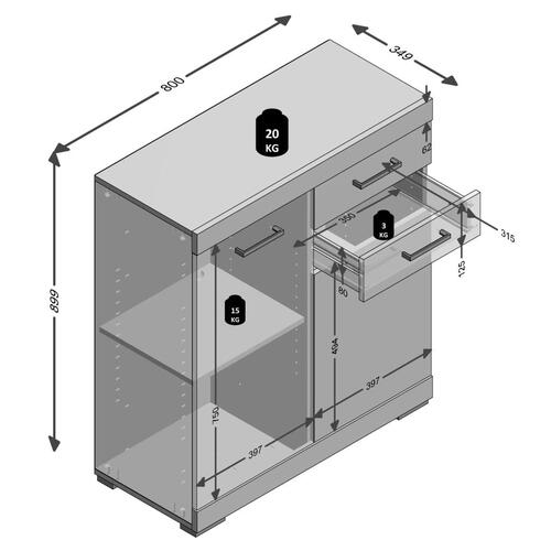kommode med 2 låger og 2 skuffer 80 x 34,9 x 89,9 cm betongrå hvid