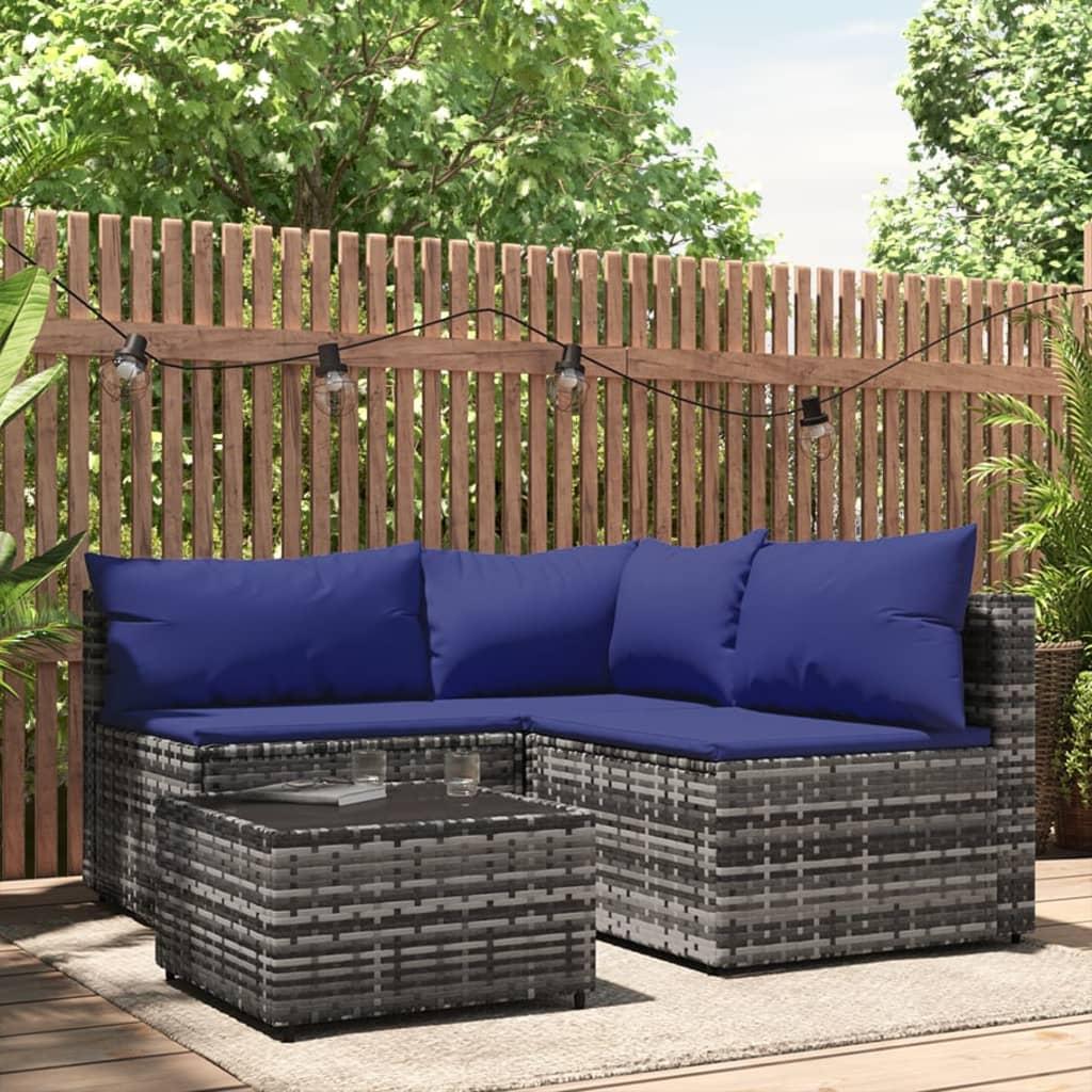 Loungesæt til haven 4 dele med hynder polyrattan grå