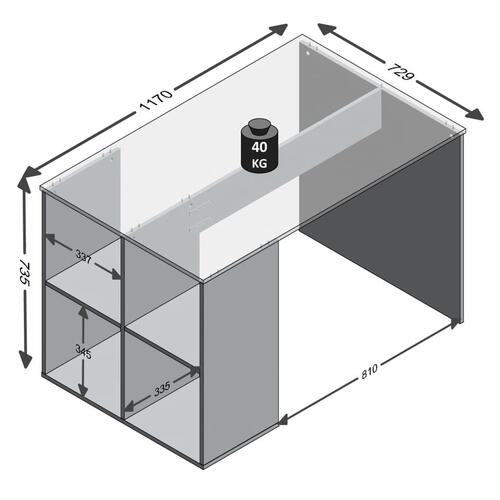 skrivebord med sidehylder 117 x 73 x 75 cm betongrå