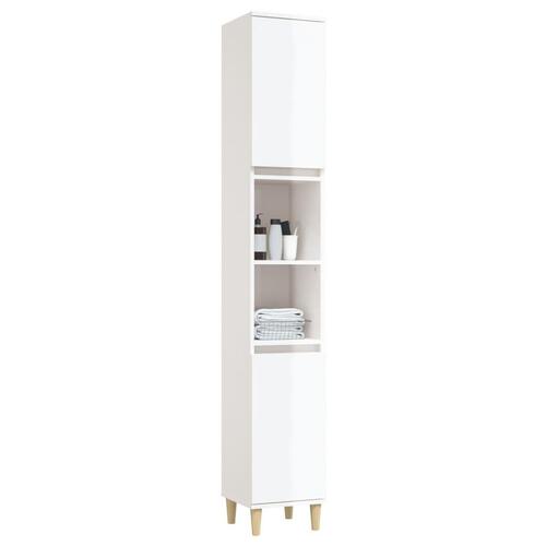 Badeværelsesskab 30x30x190 cm konstrueret træ hvid højglans