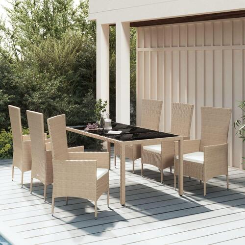 Spisebordssæt til haven 7 dele med hynder polyrattan beige