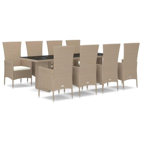 Spisebordssæt til haven 9 dele med hynder polyrattan beige