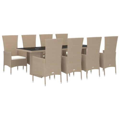 Spisebordssæt til haven 9 dele med hynder polyrattan beige
