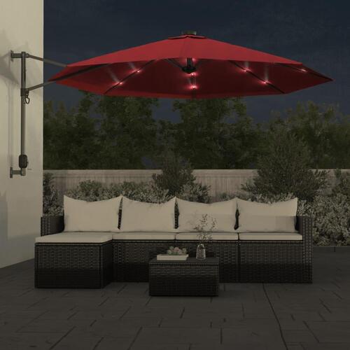 Væghængt parasol med LED-lys 290 cm rød