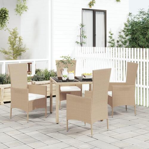 Spisebordssæt til haven 5 dele med hynder polyrattan beige