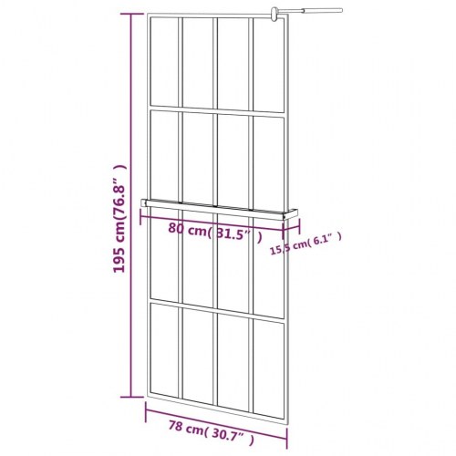 Brusevæg med hylde 80x195 cm sikkerhedsglas og aluminium sort