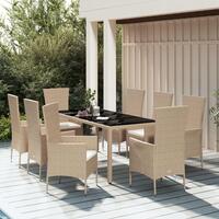 Spisebordssæt til haven 9 dele med hynder polyrattan beige