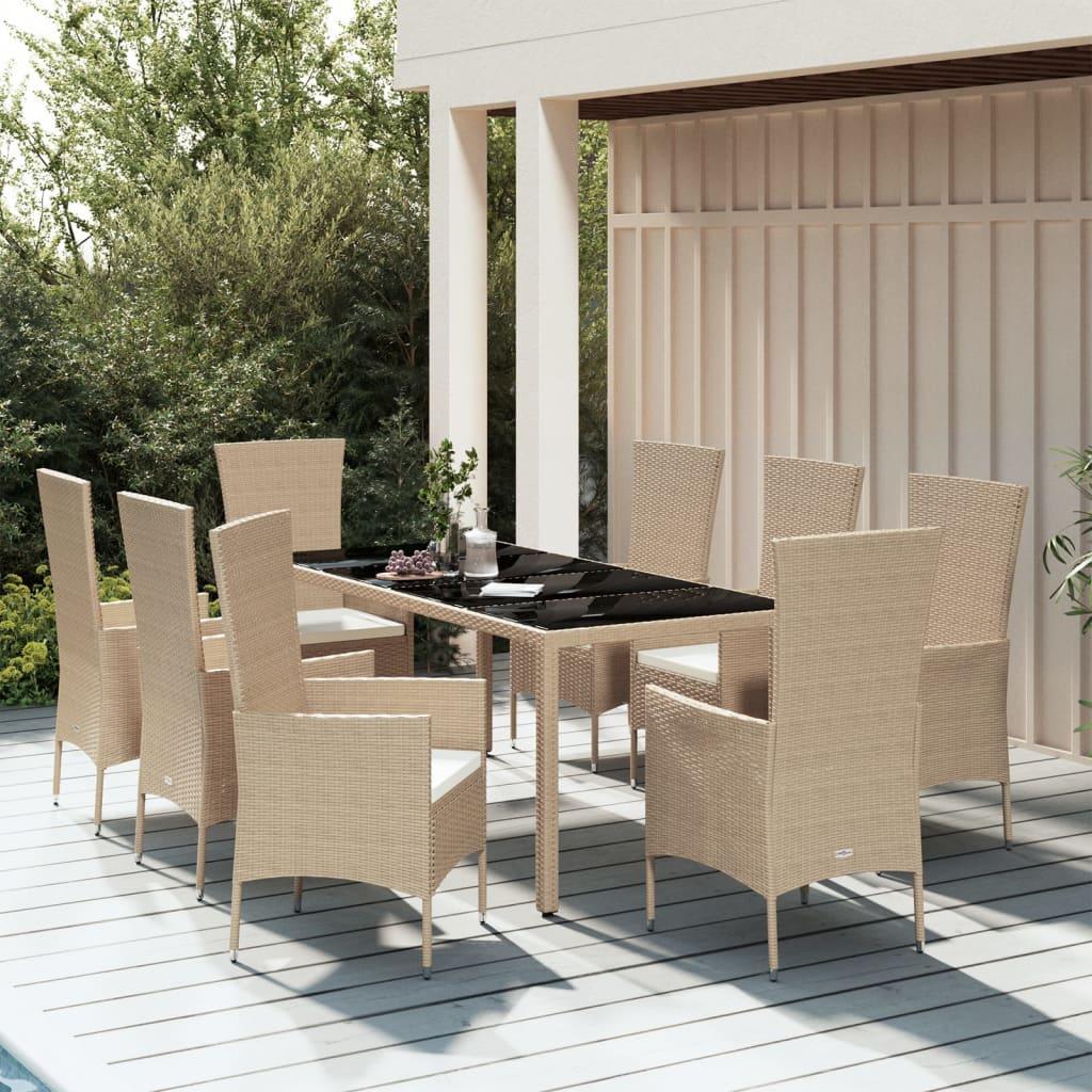 Spisebordssæt til haven 9 dele med hynder polyrattan beige