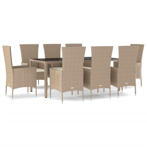 Spisebordssæt til haven 9 dele med hynder polyrattan beige