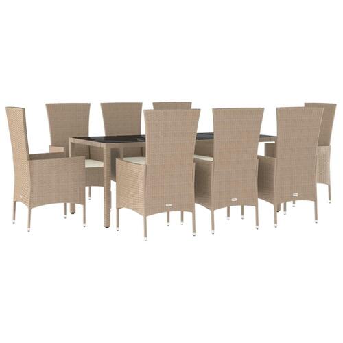 Spisebordssæt til haven 9 dele med hynder polyrattan beige
