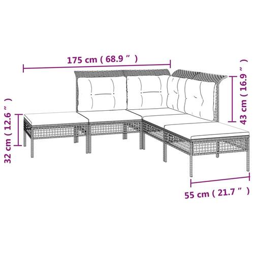 Loungesæt til haven 5 dele med hynder polyrattan grå