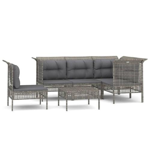 Loungesæt til haven 6 dele med hynder polyrattan grå