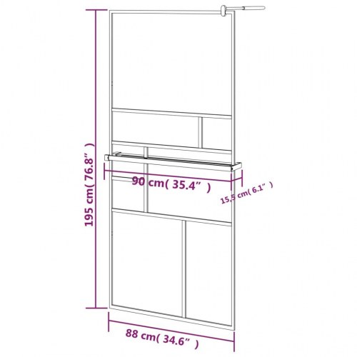 Brusevæg med hylde 90x195 cm sikkerhedsglas og aluminium sort