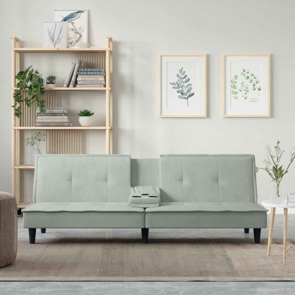 Sovesofa med kopholdere velour lysegrå