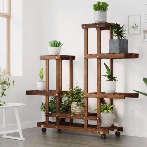 Blomsterstativ med hjul - 95 x 25 x 101 cm, karboniseret brun